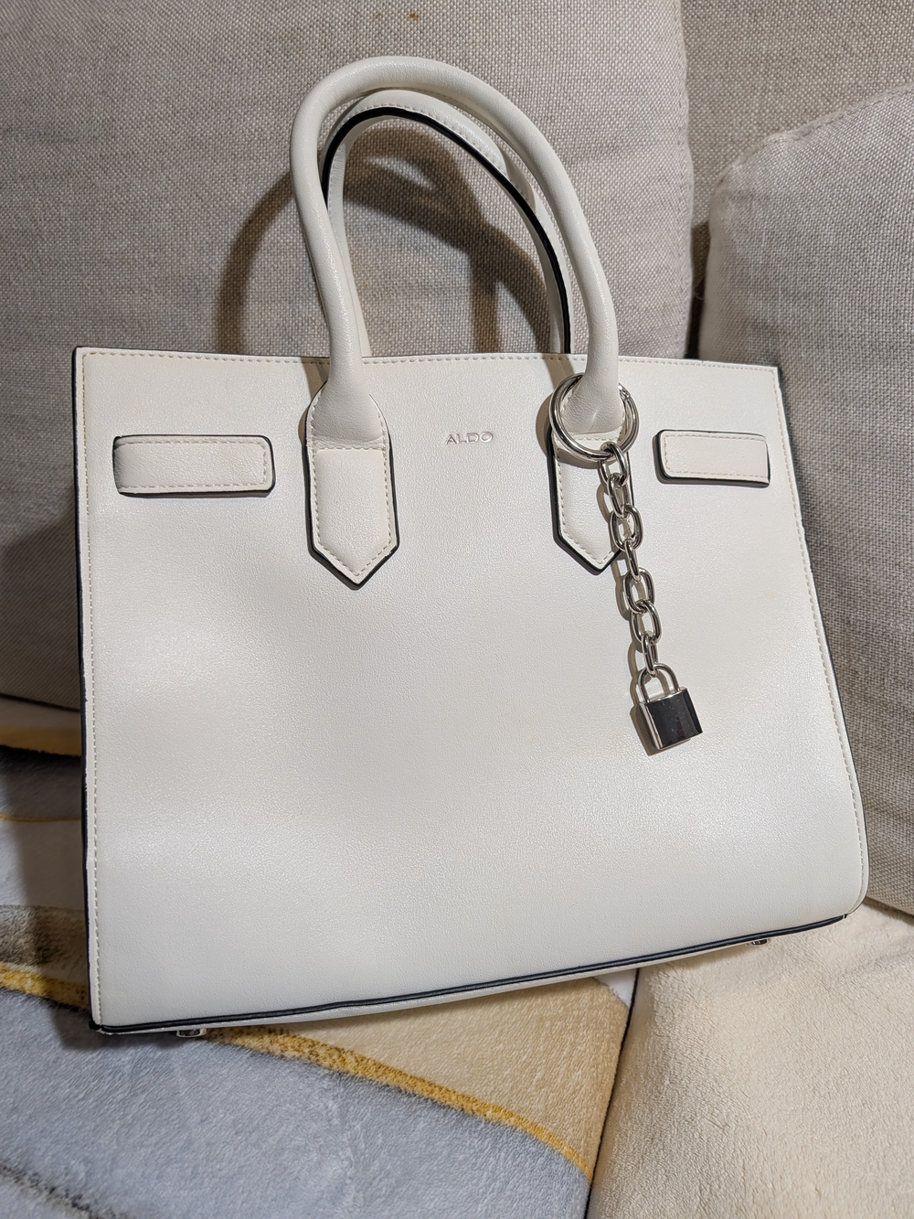ALDO White Structured Tote Bag with Chain Lock Charm